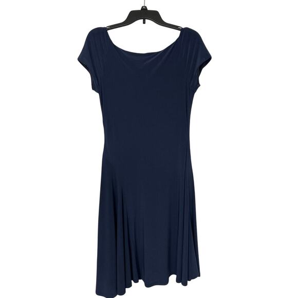 Evan Picone Blue Jersey Ruched Cap Sleeve Fit To Flare Asymmetrical Dress 10 - Picture 2 of 15